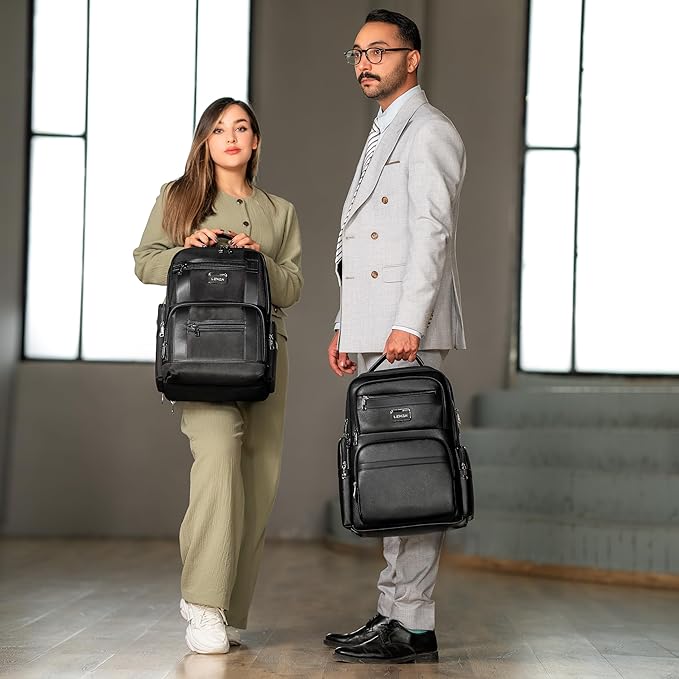 Durable Leather Laptop Business Backpack Perfect for Men & Women, Work Backpack Fits 15.6 Inch, Premium Quality Travel Bag with USB Charging Port, Water-Resistant, Bookbag with Multiple Pockets