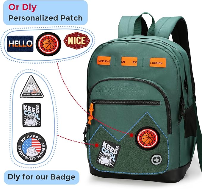Swissdigital Design Big Student Laptop Backpack with Fun Personalized Patches For College Boy & Girl, Middle High School Teen Bookbag Cool Travel Daypack Green - Includes 3 Patches | SD1718-22