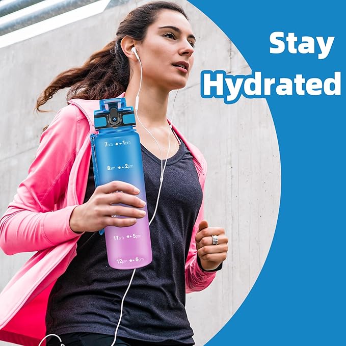 OLDLEY 32 oz Water Bottle, Motivational Water Bottle with Time Marker, Sports Water Bottle With Strap, Leakproof & BPA Free Large Water Bottles for School, Gym, Travel, Outdoor, Tritan,Blue&Purple