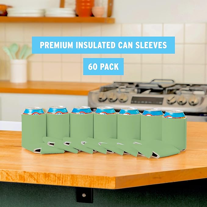 Blank Beer Can Cooler Sleeves (60-Pack) Soft Insulated Beer Can Coolies - HTV Friendly Blank Koolies in Bulk for Beer Cans & Bottles - Coolie Blanks for Vinyl Projects & Wedding Favors (Sage)