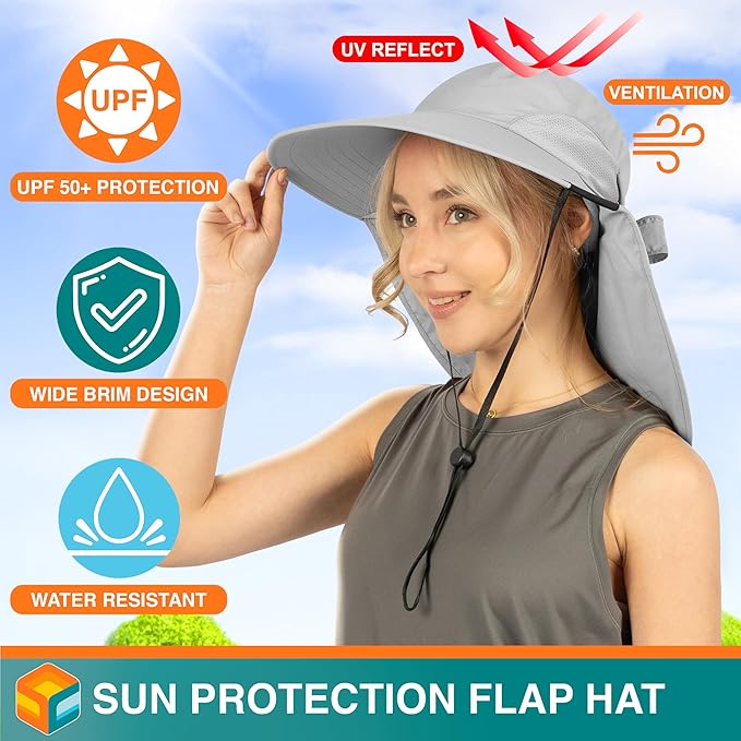 SUN CUBE Wide Brim Sun Hat with Neck Flap, UPF50+ Hiking Safari Fishing Hat for Men Women, Sun Protection Beach Hat