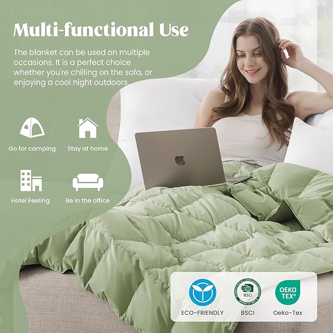 puredown® Queen Size Blanket for Bed, Ultra Soft Lightweight Down & Feather Fill, All Season Blanket, Machine Washable, 88"X90", Sage Green