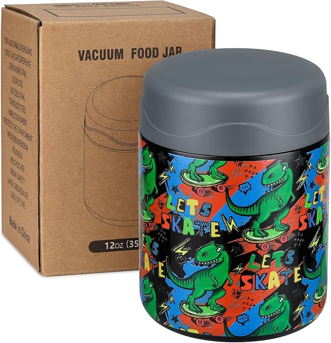 12oz Soup Thermo for Hot Food Kids Insulated Food Jar Wide Mouth Lunch Container Leak Proof Stainless Steel Vacuum Bento Box for School Office Travel Outdoors Black-Dinosaur