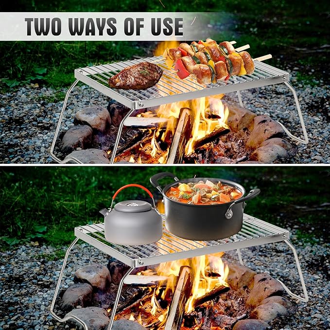 ZORMY 13" Folding Campfire Grill, 304 Stainless Steel Firepit Grill Grate, Heavy Duty Portable Camping Grill with Carrying Bag, Gas BBQ Grill Grate for Backpacking, Hiking, Picnics (Medium)