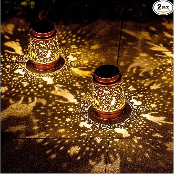 2 Pack Cat Outdoor Solar Hanging Lanterns Waterproof LED Solar Lights Metal Decorative Lanterns for Garden, Patio, Courtyard, Backyard, Yard Decor Unique Cat Gifts for Women Gardening
