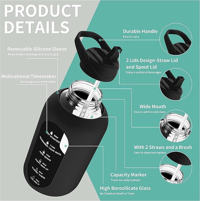 CIVAGO 64 oz Glass Water Bottle Jug with Straw and Handle, Half Gallon Sports Motivational Water Bottle with Time Marker, Wide Mouth Flask Canteen with Silicone Sleeve for Gym, Apricot