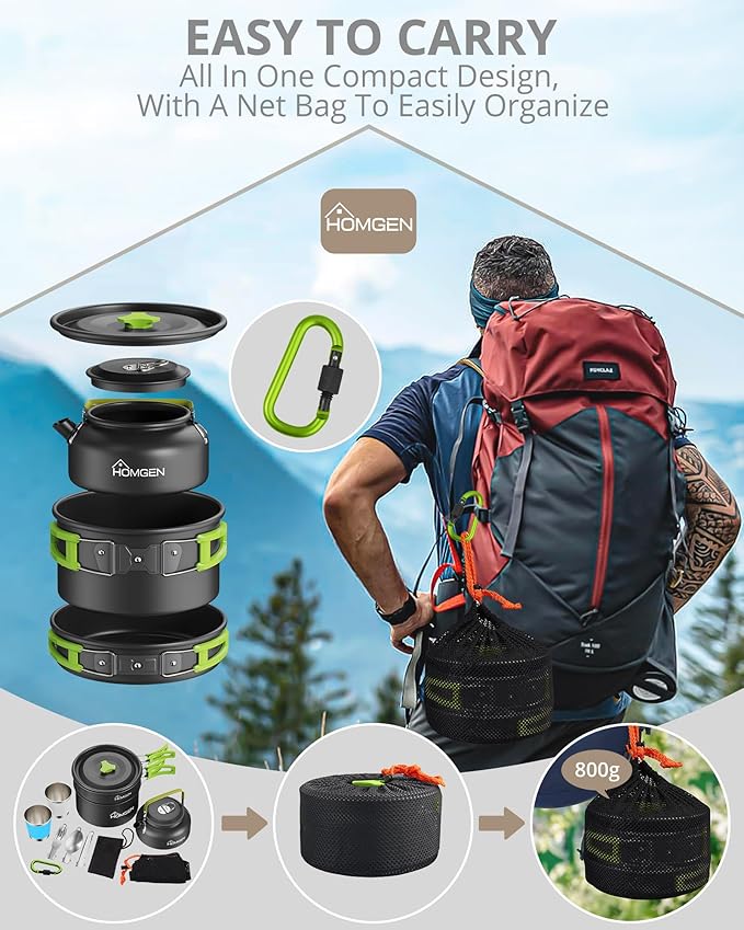 HOMGEN 12-Pieces Ultralight Anodized Aluminum Camping Cookware Set for 2 People - Nesting Pot/Pan with Foldable Handles 800ml Insulated Teapot & Stainless Cups for Camping Hiking