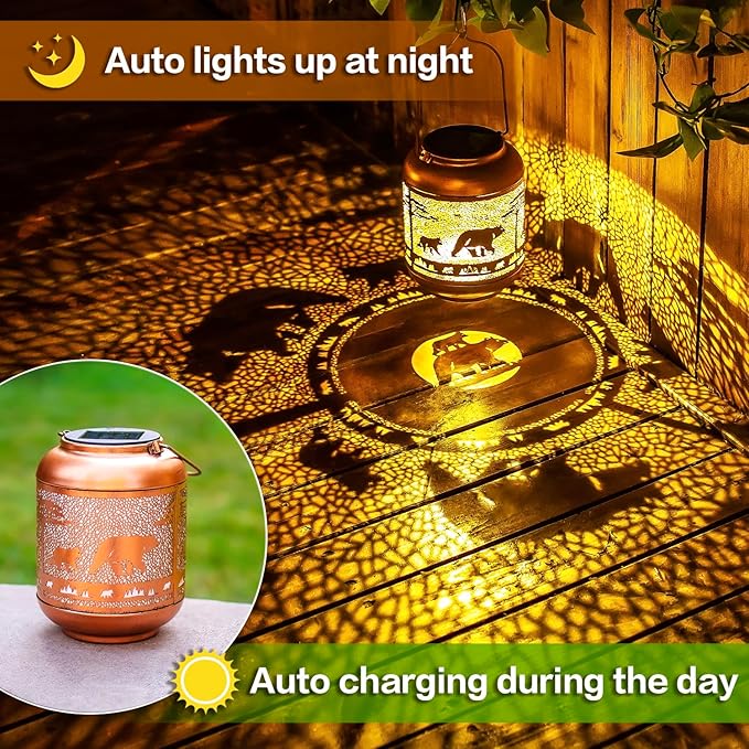 Bear Solar Lanterns Outdoor Waterproof,Hanging Solar Lights Bear Gifts for Women Men Metal LED Decorative Light for Yard,Patio,Lawn,Tabletop,Pathway,Landscape,Garden Decor