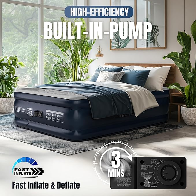 Queen Air Mattress with Built-in Pump, 18" Top Inflatable Mattress with Waterproof Flocking Fabric, Three-Minute Quick-Inflatable Bed. Portable Blow Up Mattress for Home, Outdoor and Guests