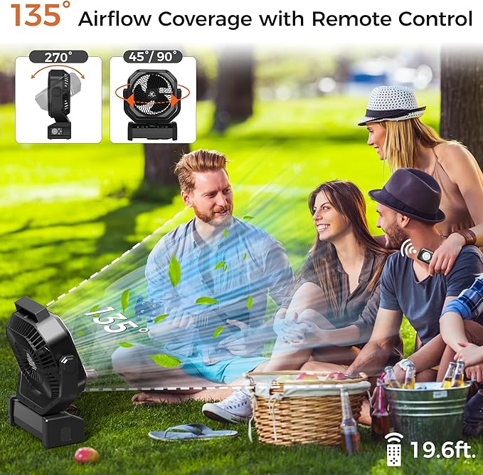 Camping Fan with Light - 20000mAh Rechargeable Battery Fan, 112Hrs Max Run Time, 8 Speeds, Digital Display, Timer, Auto Oscillation, 270° Pivot & Hook for Camping, Power Outage, Hurricane (Black)