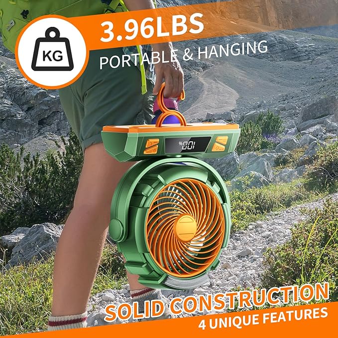 Camping LED Fan with Light, 40000mAh Rechargeable Battery Powered Outdoor Tent Fan with Light and Hook, 6 Speed, Personal USB Desk Fan for Camping, Fishing, Power Outage,Hurricane, Worksite