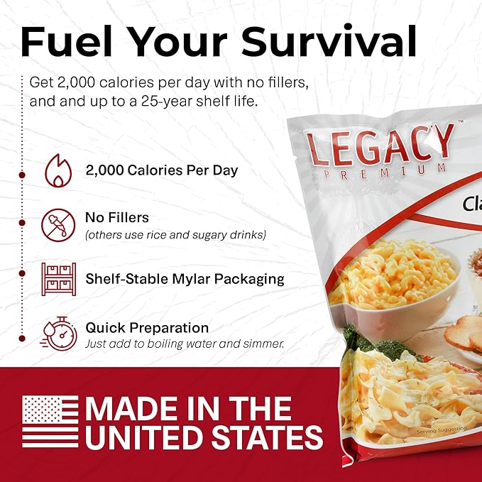 Legacy Food Storage 60 Serving Emergency Food Supply Bucket, 12 Entrees, 23,400 Total Calories, Shelf Stable Lunch & Dinner, Freeze Dried Survival Meals for MRE Camping, Hiking, Prepping