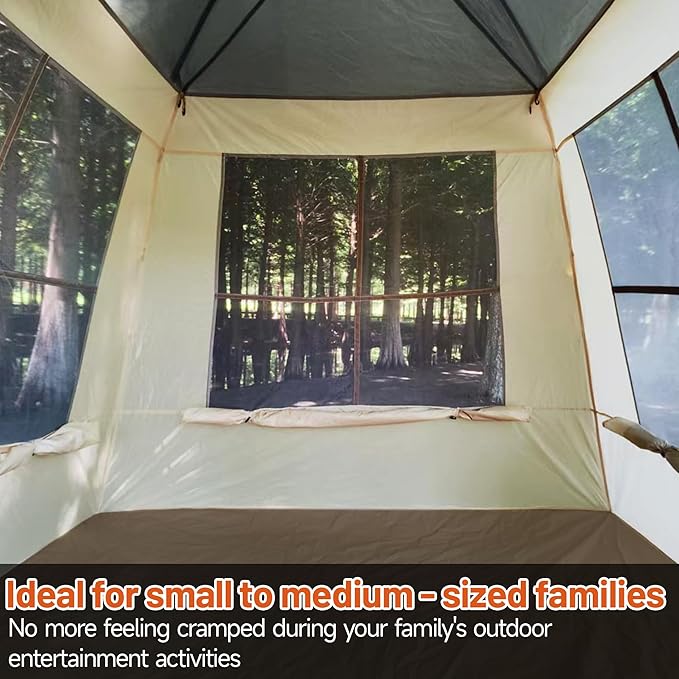 Instant Pop Up Camping Tent - 7'×7' 4 Person, 5-Sided Ventilation, UV-Blocking Top & Hexagonal Awning, Portable for Patio/Beach