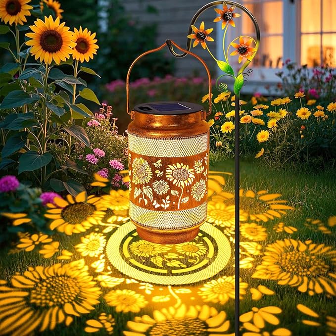 Sunflower Solar Lanterns Outdoor Waterproof with Shepherd Hook, Sunflower Birthday Gifts for Women Mom Grandma, Metal Solar Hanging Lights Garden Decor for Outside Yard Patio Pathway Backyard Porch