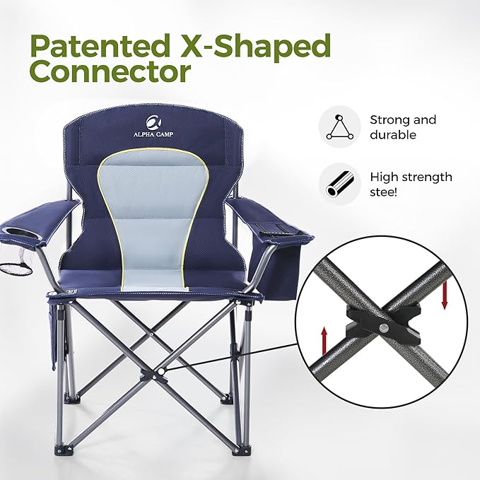ALPHA CAMP Oversized Camping Chair Heavy Duty Lawn Chair with Cooler Bag Support 450 LBS Steel Frame Collapsible Padded Arm Quad Lumbar Back Folding Chair for Lawn Outdoor