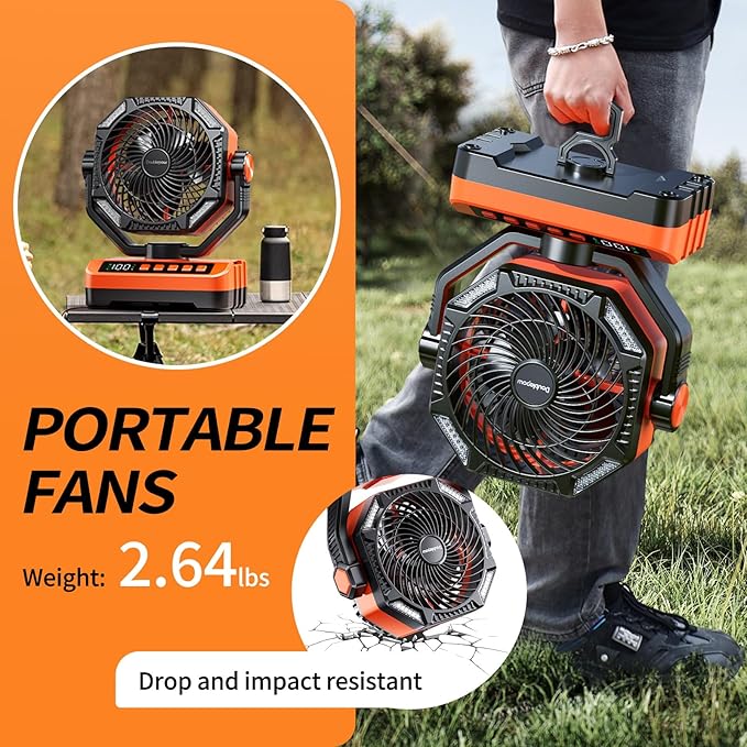 Camping LED Fan with Light, 40000Max Rechargeable Battery Powered Outdoor Tent Fan with Light and Hook, 4 Speed, Personal USB Desk Fan for Camping, Fishing, Power Outage,Hurricane, Worksite