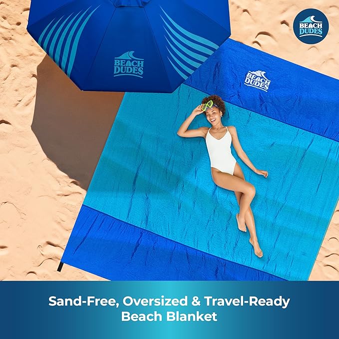 Sandproof Waterproof Beach Blanket Extra Large 108"x 84", Mat for Family, Quick Dry Ripstop Nylon Lightweight, Compact for Travel, Picnic, Camping w/ 4 Anchor Stakes and Carry Bag