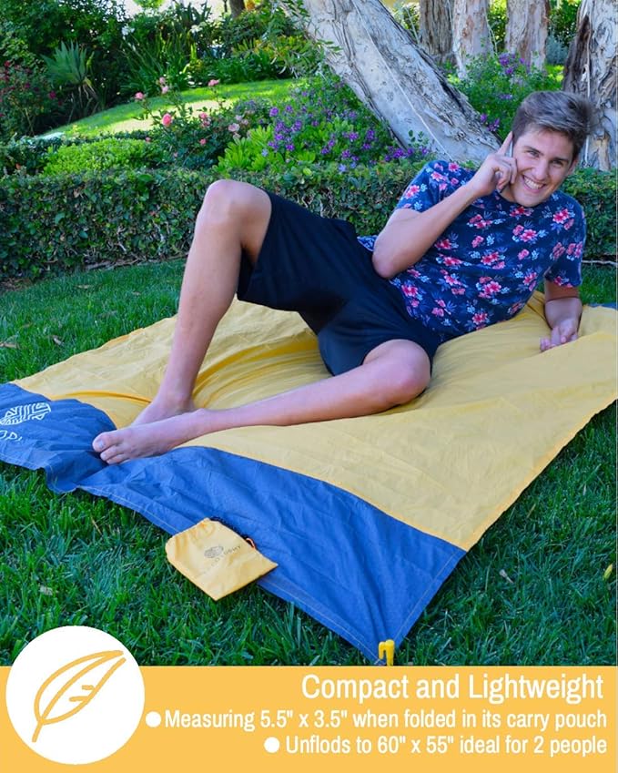 ECCOSOPHY Sand Proof Beach Blanket - Waterproof Picnic Blanket 60x55 Outdoor Compact Pocket Blanket Lightweight Ground Cover for Hiking Camping Festivals Sports Travel with Bag & Stakes (Orange)