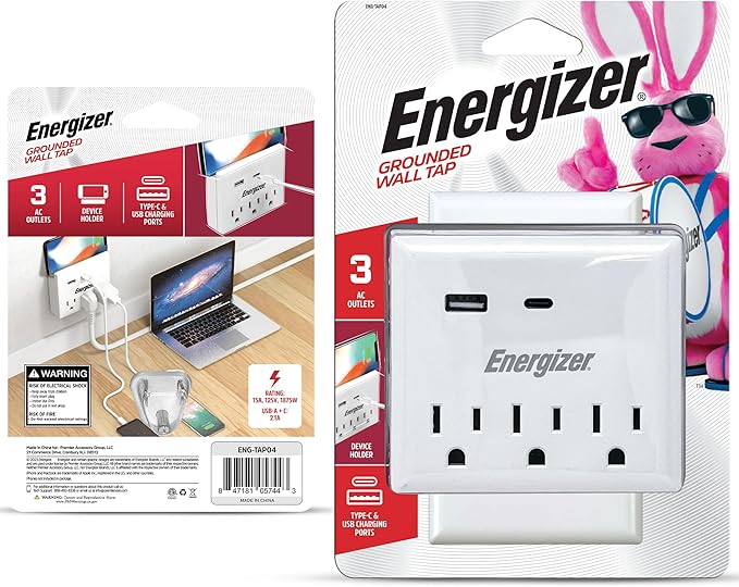 Energizer 4 Pack of Multi Plug Wall Outlet Extender (3 AC Power Outlets, 1 Type C Port, 1 USB A Port - 2.1A Total) Grounded Power Strip Expander