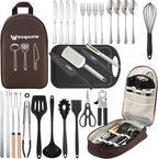 Camping Cooking Essentials Utensils Set - Camp Cookware Kitchen Accessories Kit, Camper Gear Must Haves, Stainless Steel & Silicone, RV Car Portable Outdoor Equipment Tool