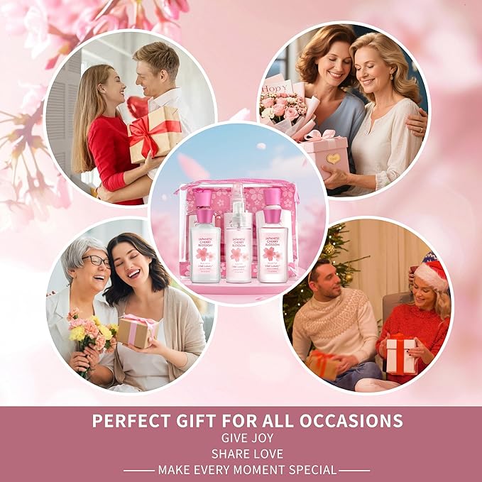 Bath and Body Gift Set, Japanese Cherry Blossom, 3-Piece Travel Size Collection, Shower Gel, Body Lotion, Body Mist, 3 Fl Oz Each, Natural Extracts, Ideal for Birthday, Mother's Day & Christmas Gifts