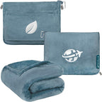 PAVILIA Travel Blanket and Pillow, Arms Opening Airplane Blankets for Adults, Compact Plane Blanket with Arm Hole 2-in-1 Bag for Flight Car Camping Fit in Luggage Backpack Traveler Gift, Blue