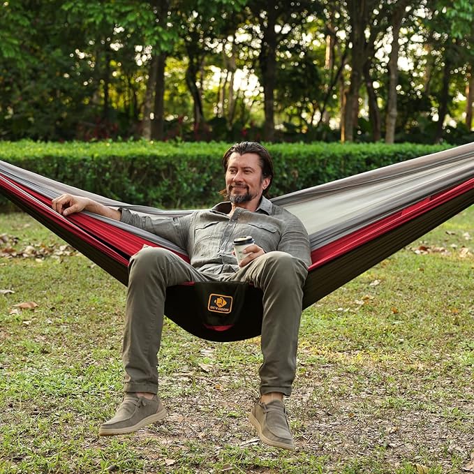 Camping Hammock, Portable Hammocks with Mosquito Net,Lightweight Nylon Parachute Hammock with 10ft Tree Straps,Camping Gear Must Haves for Travel Hiking Backpacking Beach Patio-Black&Red