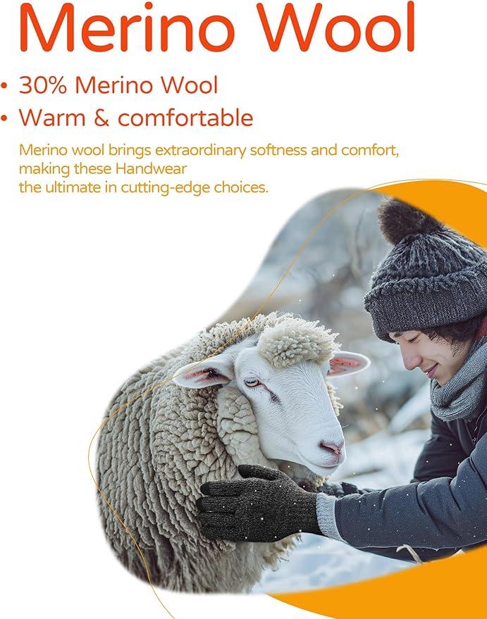 Merino Wool Gloves for Women Men, Touch Screen Warm Glove Liners Thermal Soft Knit Lining for Winter Running Hiking