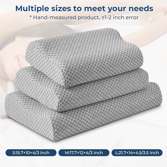 Travel Pillow Memory Foam Pillows, Ergonomic Wave Cervical Neck Pillow for Neck Pain Relief, Compressible Medium Firm Side Sleeper Pillow, Ideal for Camping, Office, Home & Bed (Light Grey, S)