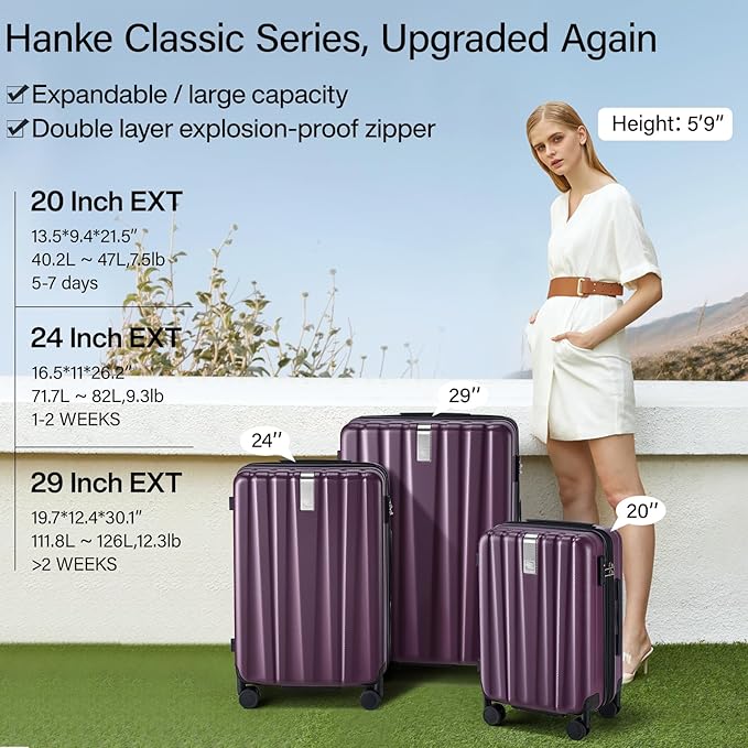 Hanke 24 Inch Expandable Checked Luggage Lightweight PC Hard Case luggage Suitcases with Wheels Travel Luggage Rolling Large Suitcase Travel Luggage Bag for Go To University (Purple)