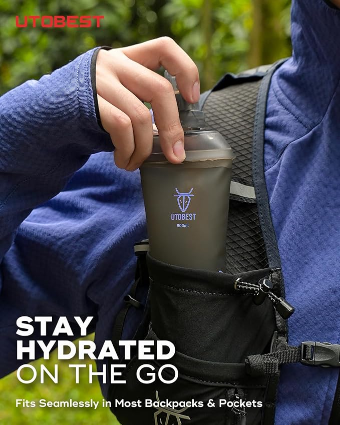 UTOBEST 500ml Soft Flask, 2 Pack Flexible TPU Hydration Water Bottle, Collapsible with 28mm Caliber for Running, Hiking, Cycling, Climbing, and Marathon Purple