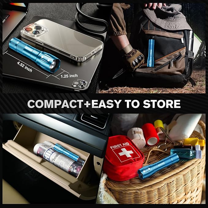 RECHOO LED Flashlight 2 Pack Blue, Tactical Flashlights High Lumens with 3 Modes, Pocket Small Flash Light, Waterproof Zoomable Flashlights for Home Emergency, Camping Essentials (Battery Included)