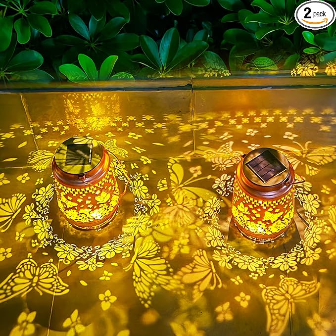 Solar Lanterns Outdoor Waterproof, AOSITE 2 Pack Butterfly Hanging Solar Lights Lantern Metal LED Lanterns Outdoor Decorative Gifts for Women Men, Garden Decor Lantern for Patio Yard Front Porch