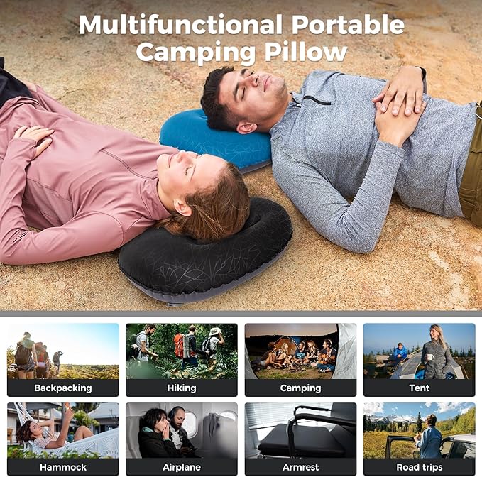 ATEPA Inflatable Camping Pillow, Ultralight Waterproof Travel Pillow with Ergonomic Support & Leak-Proof Air Valve, Compact Portable Pillow for Hiking Backpacking Tent Airplane Beach, Black