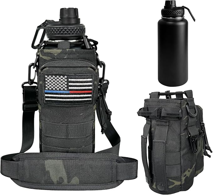 32 oz Insulated Water Bottle Stainless Steel with Sleeve - Military Metal Water Jug, For Gym Workout Hiking, Camo Black Water Bottle Pouch