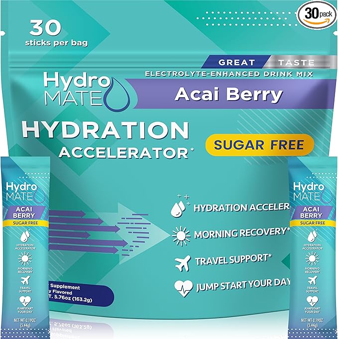 Electrolyte Powder Sugar-Free Hydration Packets Acai Berry HydroMATE 30 Sticks