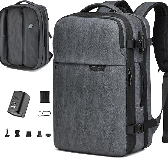 Vacuum Seal Travel Backpack 45L with Pump - Expandable Air Compression System, Water-Resistant Business TSA Lock, Laptop Backpack, Carry-On Suitcase Luggage, Gifts for Men