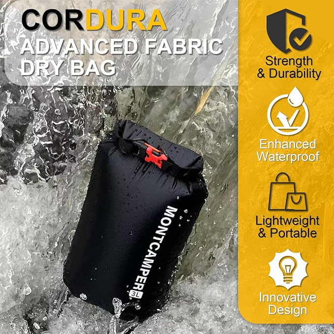 Upgraded CORDURA Waterproof Dry Bag-Lightweight&Durable Waterproof Storage Sack-Roll Top with Survival Whistle-Suitable for High-Intensity Outdoor Adventures-Floats on Water (3L/Black)