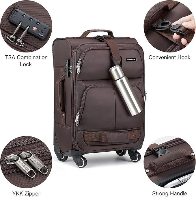 Hanke 3 Piece luggage Sets Softside Expandable luggage with Spinner Wheels TSA Lock,Travel Lightweight Luggage Sets,Coffee