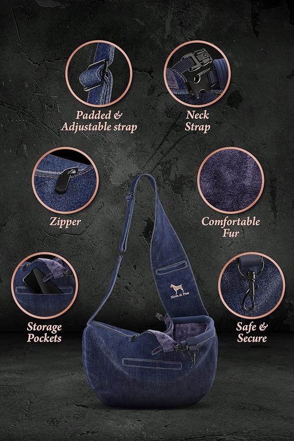 Noah & Paw Dog Sling Carrier for Small Dogs 3-10lb, Dog Sling for Small Dogs and Cats, Dog Carrier with Adjustable Padded Strap, Vegan Denim Lined with Fur, 3X Safety Features, Machine Washable