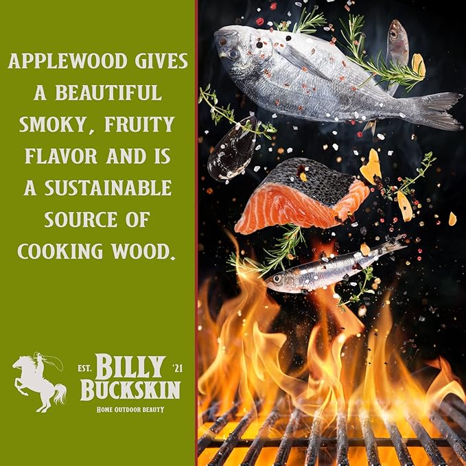 18 LB. Applewood Cooking Firewood Log & 1 LB. 100% Natural Apple Wood Chips Flavor by Billy Bucksin Co., Fatwood Fire Starter Stick Included for Outdoor Cooking, Smoking, Grilling, Camping & Fire Pit