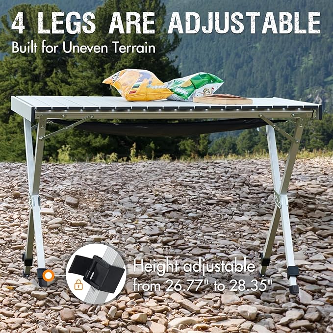 PORTAL Folding Outdoor Camping Table with Adjustable Height, Aluminum Roll-Up Top and Carry Bag, Big Large Portable Tables for Picnic, BBQ and Tailgating, Silver