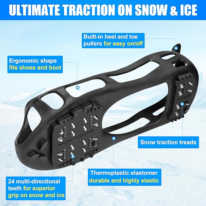 Ice Cleats for Shoes and Boots Men Women Snow Traction Cleats Crampons Anti Slip Shoe Grippers Spikes for Snow Ice Winter Walking Non-Slip 24 Studs Overshoe Slip-on Stretch Footwear