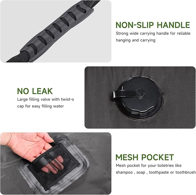 Unniweei Solar Portable Shower Bag, 5 Gal/20L Solar Heating Camping Shower Bag with Removable Hose&On-Off Switchable Shower Head, Compact Camping Shower for Camping, Hiking, Traveling, Beach Swimming