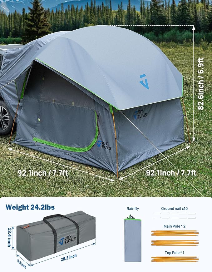 JOYTUTUS SUV Tent for Camping with Rainfly, Double Door Design Car Tent with Aluminum Poles, SUV Tailgate Tent with Waterproof PU2000mm Double Layer for 4-8 Person, Green