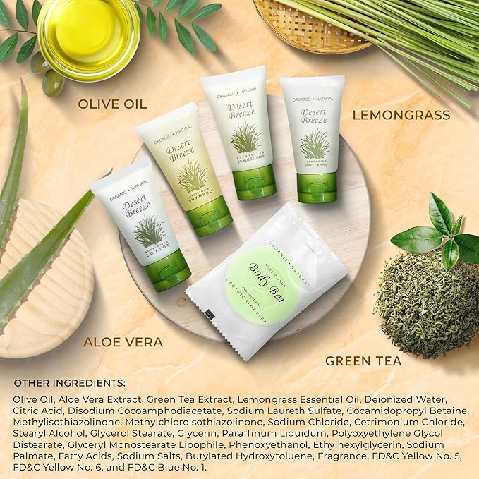 Travel Size Hotel Toiletry Set 75 Count 1 oz Bottles Guest Amenities for Vacation Rentals and Short Term Rentals Paraben Free Green Tea Lemongrass Scent Infused with Aloe and Olive Oil | Desert Breeze