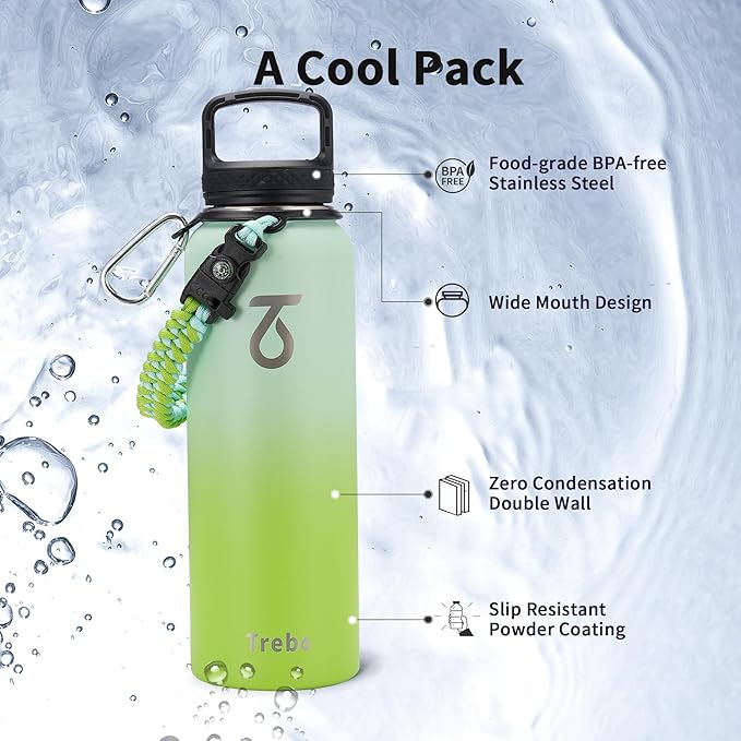 Trebo 40oz Water Bottle Insulated with Lid and Straw,Double Wall Vacuum Stainless Steel Metal Sports Flask with Paracord Handle, Keep Hot 24 Hours & Cold 48 Hours Water Jug with 3 Lids, Dark Green