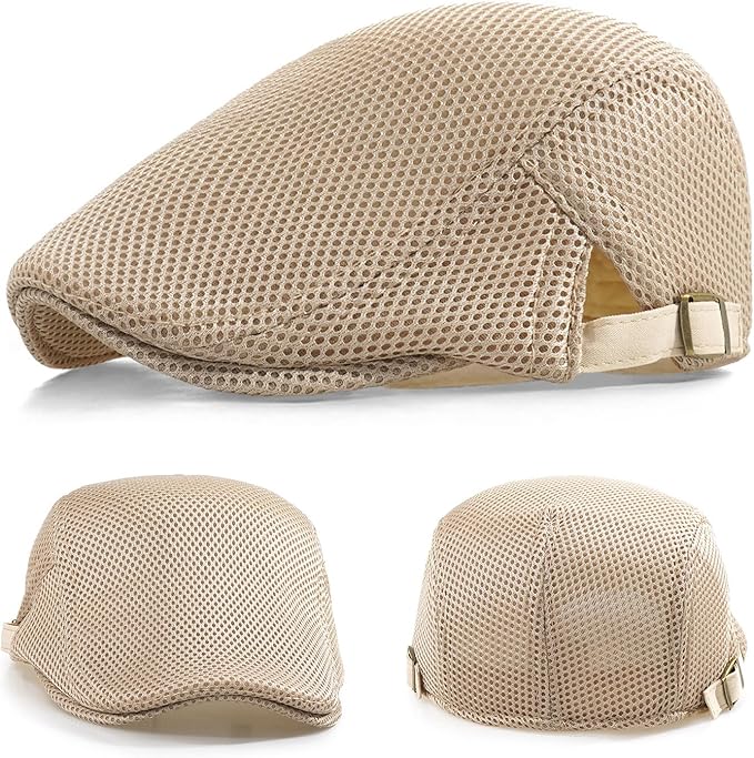 2 Pack Men's Mesh Cap Breathable Summer Newsboy Hat Adjustable Beret Ivy Cap Irish Cabbie Driving Hunting Hats