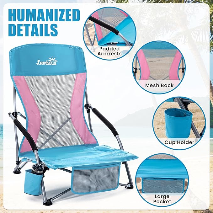 Lamberia Folding Beach Chair for Adults, Portable Low Beach Chairs with 300lbs Capacity, Lightweight Fodable Camping Chair for Travel, Picnic, Concert & Outdoor Activities, Blue-Pink