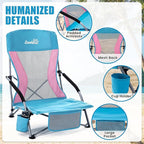 Lamberia Folding Beach Chair for Adults 2 Pack, Portable Low Beach Chairs with 300lbs Capacity, Lightweight Fodable Camping Chair for Travel, Picnic, Concert & Outdoor Activities, Blue-Pink